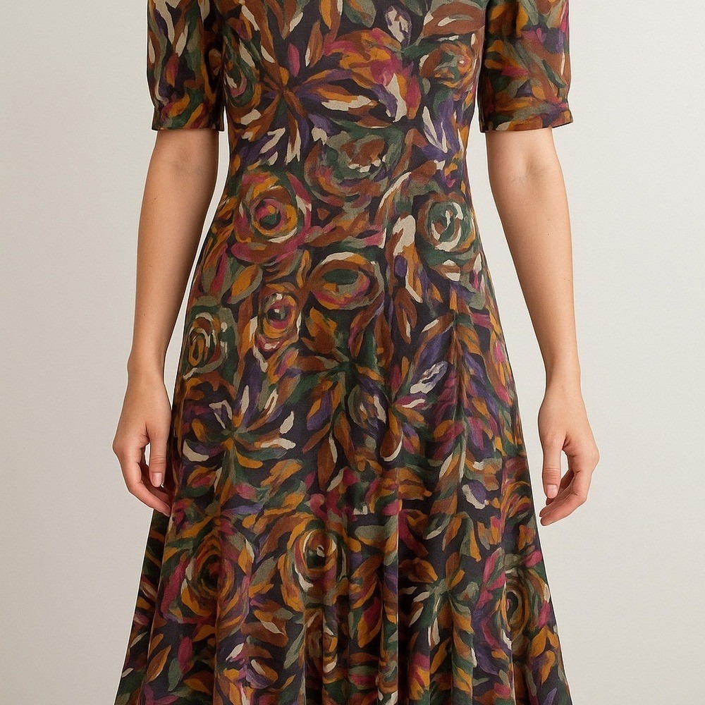 Vintage 1980s Floral Puff Sleeve Dress Small Jewel Tone Drop Waist